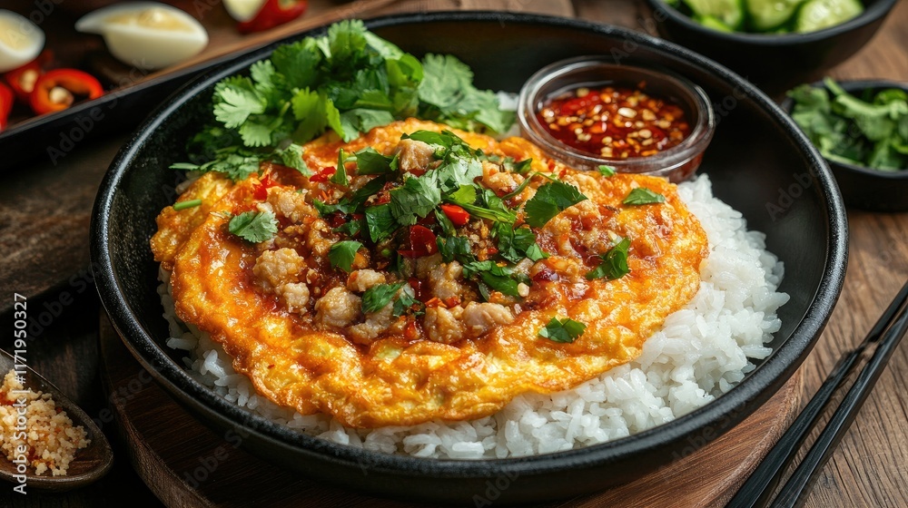 Traditional minced pork omelette with rice served in a street food setting, with vibrant herbs and chili sauce on the side. Traditional minced pork omelette with rice served in a street food setting, with vibrant herbs and chili sauce on the side.