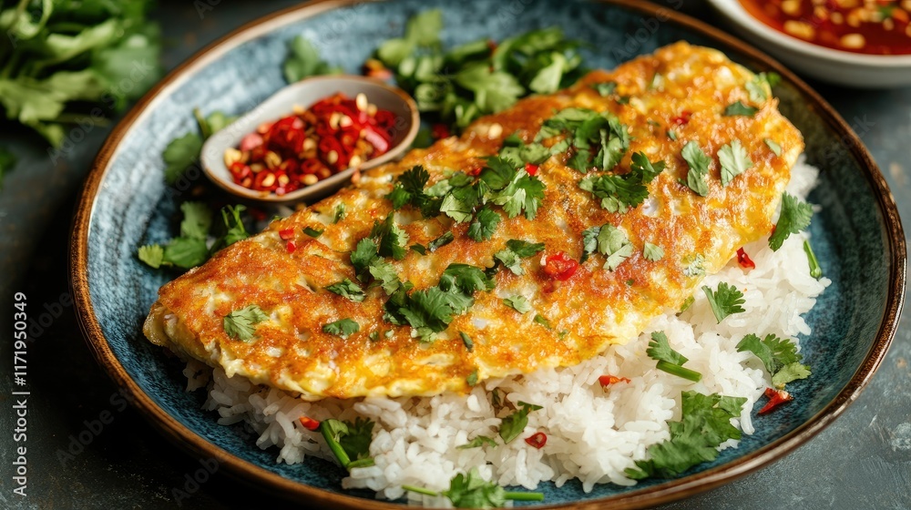 Traditional minced pork omelette with rice served in a street food setting, with vibrant herbs and chili sauce on the side.