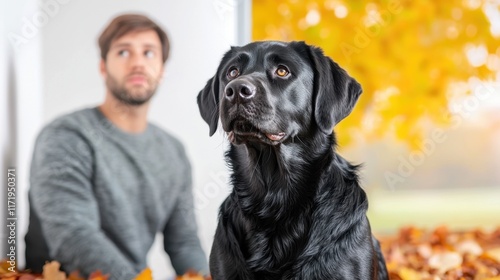 A loyal black dog sits by the doorstep, gazing up at its owner amidst fallen autumn leaves.