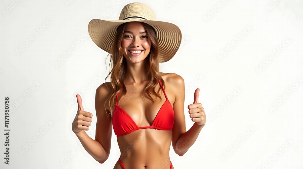 Smiling woman in red bikini and wide-brimmed straw hat showing thumbs up on a white background Smiling woman in red bikini and wide-brimmed straw hat showing thumbs up on a white background
