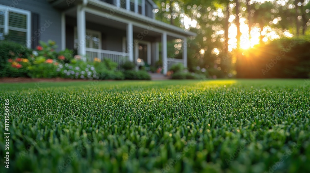 custom made wallpaper toronto digitalLush green lawn transformation residential front yard photography sunset glow close-up view home aesthetics