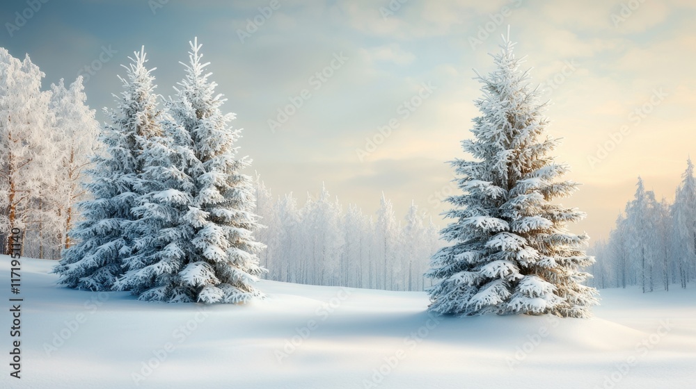 Fototapeta premium The winter landscape depicts a serene forest with snow covered trees standing tall, creating a peaceful and tranquil atmosphere.