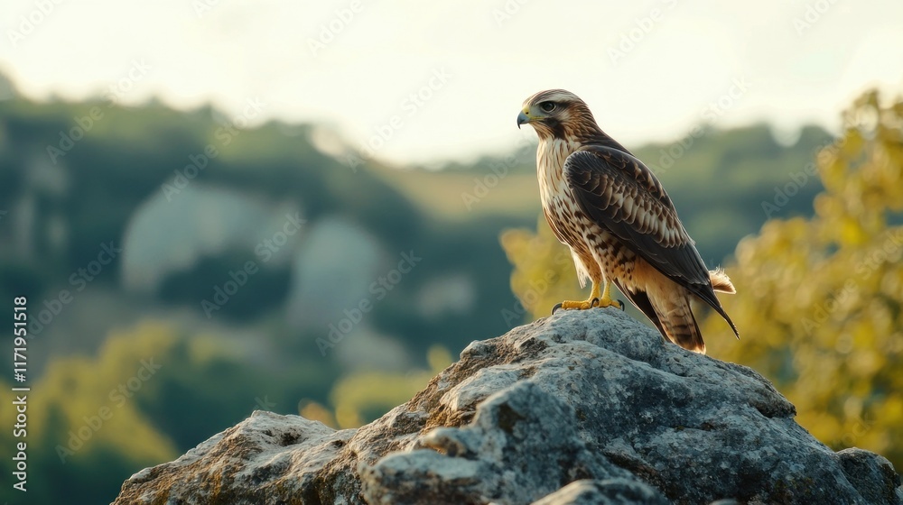Fototapeta premium A hawk perched on a rock, overlooking a natural landscape.