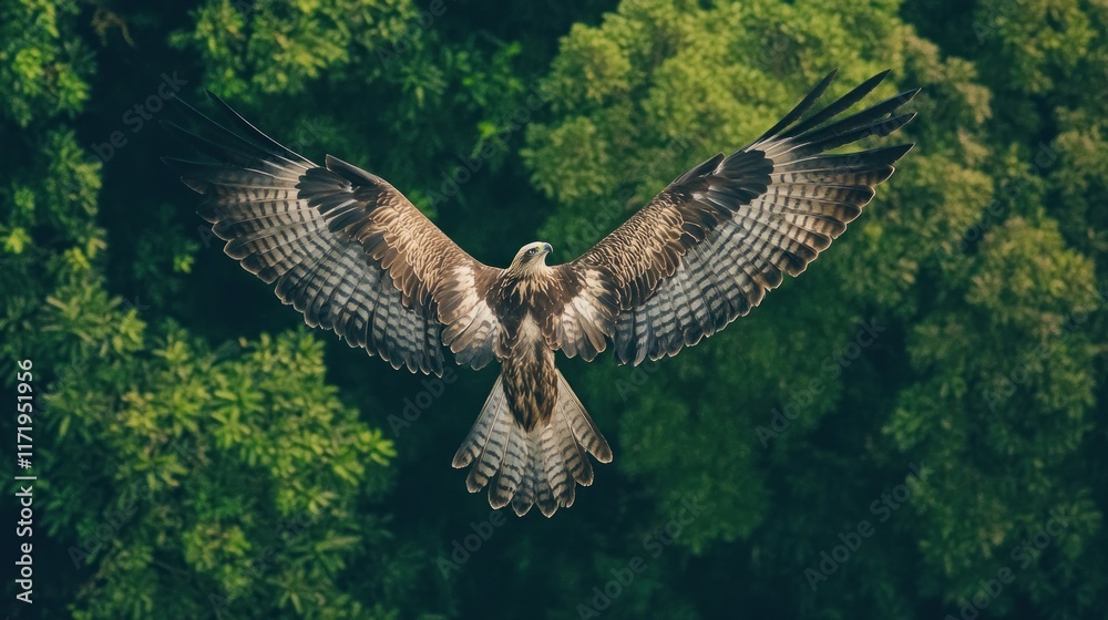 Fototapeta premium A hawk soaring gracefully over a lush green landscape.