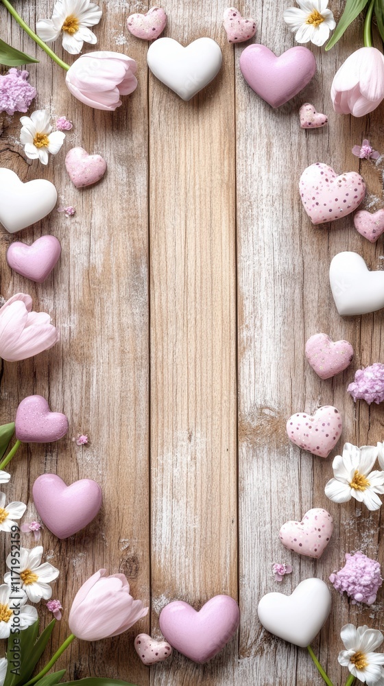 A charming display of vibrant flowers and delicate hearts, beautifully arranged in a heart shape atop a rustic wooden backdrop, perfect for Valentine's Day. A charming display of vibrant flowers and delicate hearts, beautifully arranged in a heart shape atop a rustic wooden backdrop, perfect for Valentine's Day.