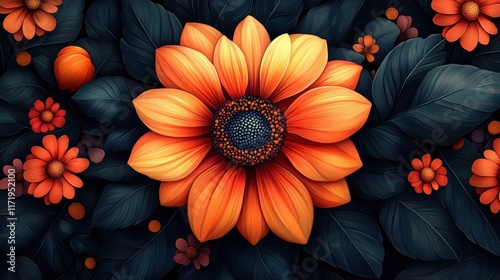 Bold Colorful Floral Pattern with Modern Botanical Design and Art Nouveau Influence