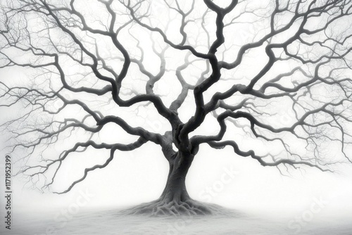 The black and white photograph showcases the intricate symmetrical patterns of dried branches extending from the trunk of an ancient, lifeless tree