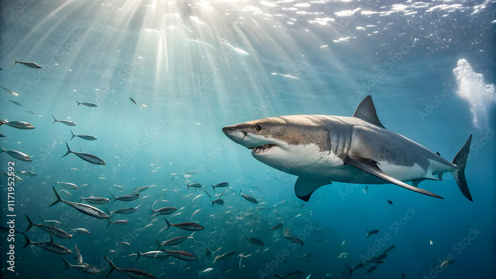 Fototapeta premium Majestic Shark Swimming in Clear Ocean Water with Sunlight Beams