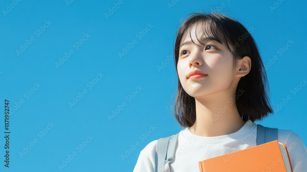 Korean teenage student girl holding textbook go to school library Korean teenage student girl holding textbook go to school library