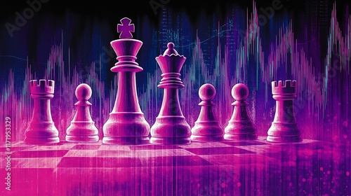 Dynamic chess, white queen is depicted mid-air, glowing inblue pastel tones, as it leaps over the board to capture an opponent's knight photo