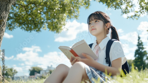 Japanese girl sitting on grass under the tree reading a book studying