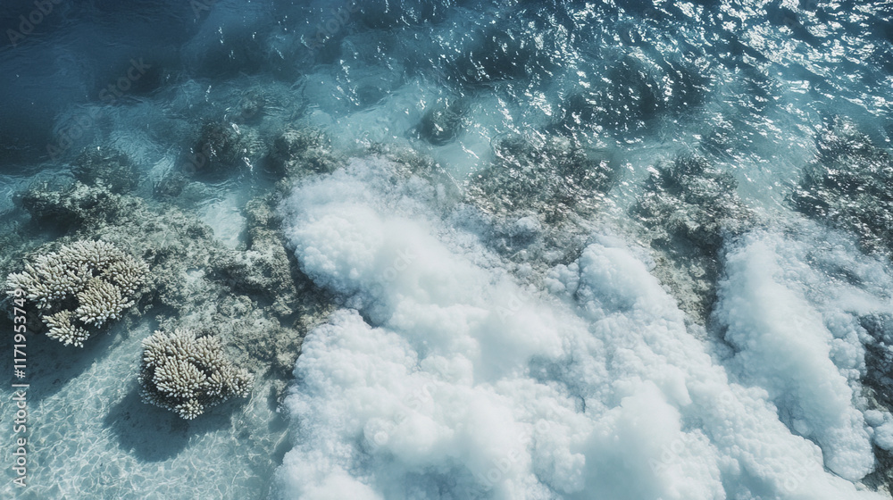 Fototapeta premium Bleached coral reef beneath clear waters, showcasing environmental impact
