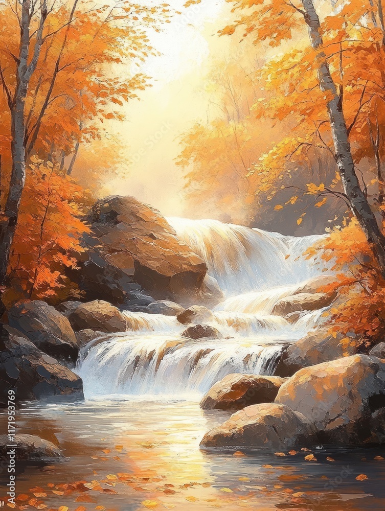 Autumn Grove with Gentle Waterfall and Golden Sunlight Autumn Grove with Gentle Waterfall and Golden Sunlight