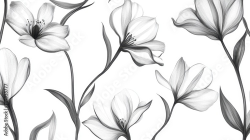 Delicate Monochrome Floral Design, Elegant Line Art Botanical Pattern