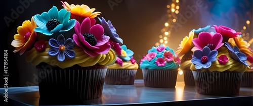 An elegant display of colorful floral cupcakes with whimsical designs photo