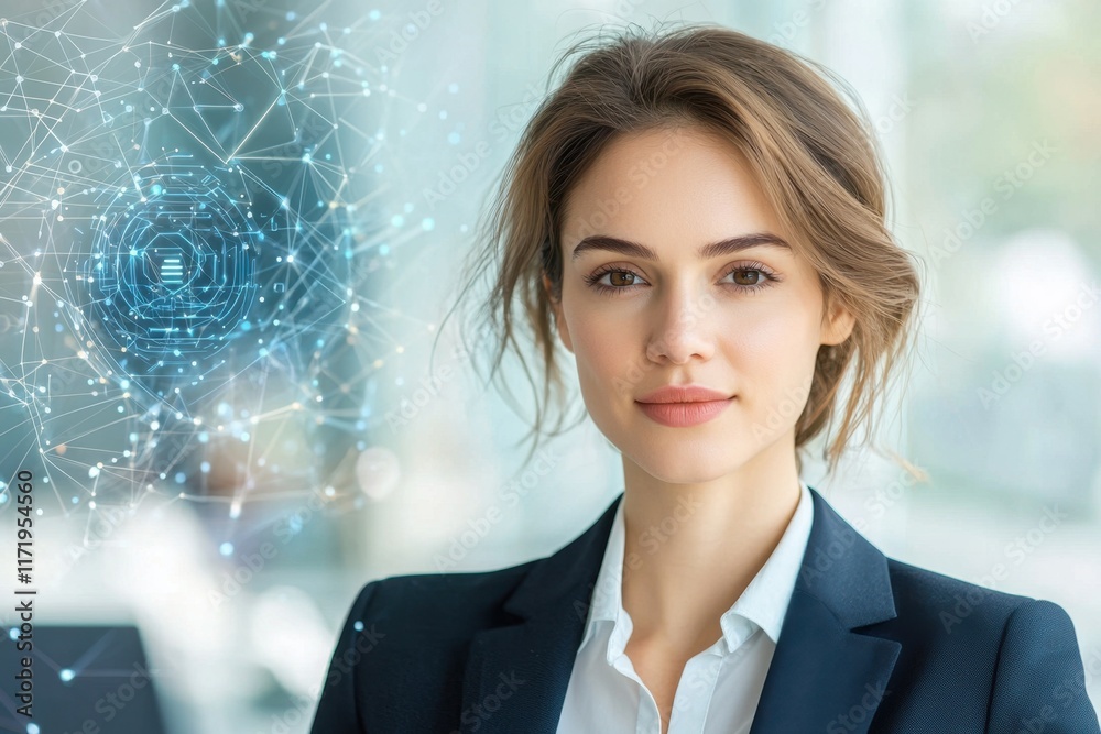 A businesswoman in a modern office setting, dressed in a professional suit