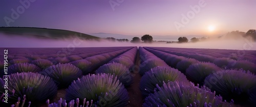 An inspiring view of broad fields of lavender in full bloom hosting bees photo