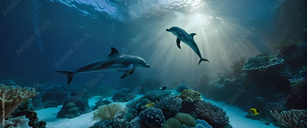 Fototapeta premium An underwater scene showcasing dolphins swimming gracefully among coral reefs