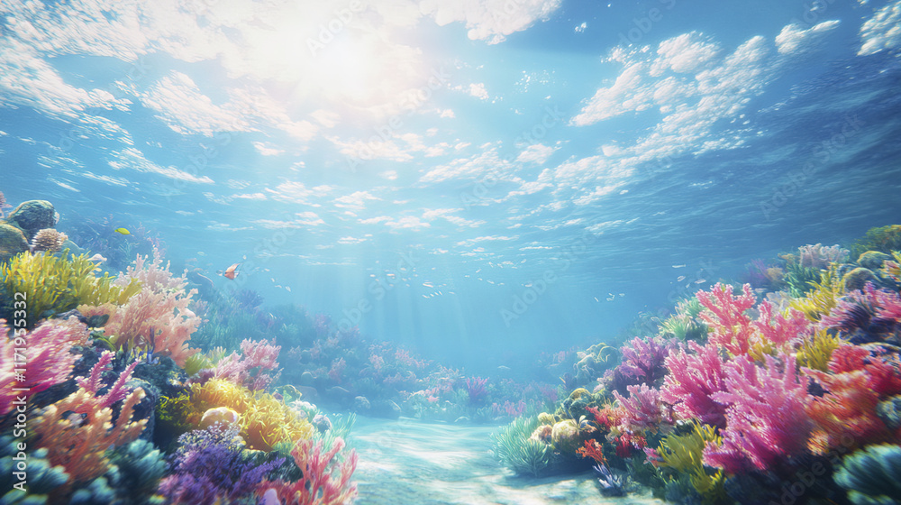 vibrant underwater coral reef illuminated by sunlight, showcasing colorful marine life vibrant underwater coral reef illuminated by sunlight, showcasing colorful marine life