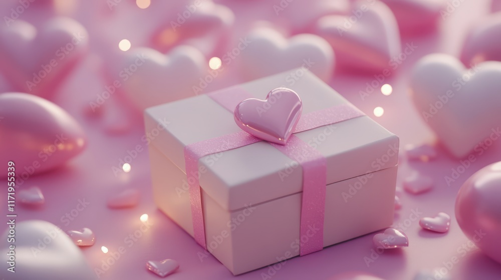 A charming white gift box adorned with a delicate pink ribbon and a heart, perfect for celebrating love on Valentine's Day. A charming white gift box adorned with a delicate pink ribbon and a heart, perfect for celebrating love on Valentine's Day.