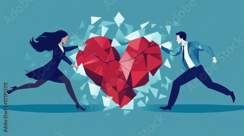 A whimsical scene unfolds as a man and woman joyfully escape from a shattered heart, symbolizing freedom and new beginnings on Valentine's Day.