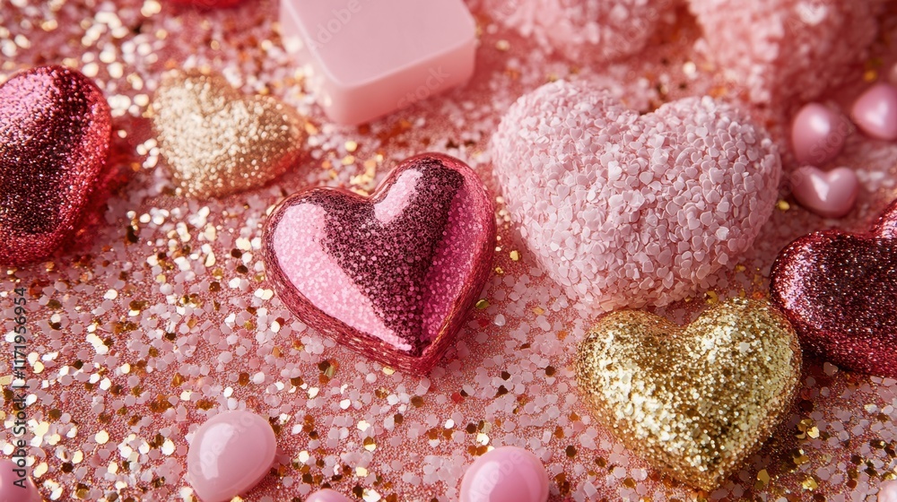 Obraz premium A whimsical array of vibrant hearts dances across a soft pink surface, celebrating love and affection in a delightful burst of color.