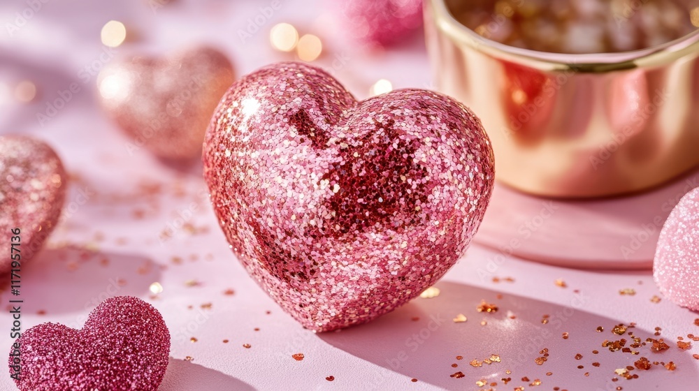 Obraz premium A vibrant pink heart rests on a beautifully set table, surrounded by charming decorations that evoke love and romance on Valentine's Day.