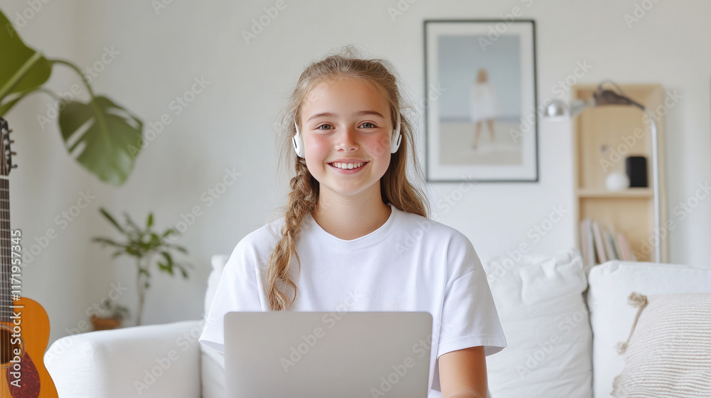 Germany girl online in living room holding a laptop and earphones Germany girl online in living room holding a laptop and earphones