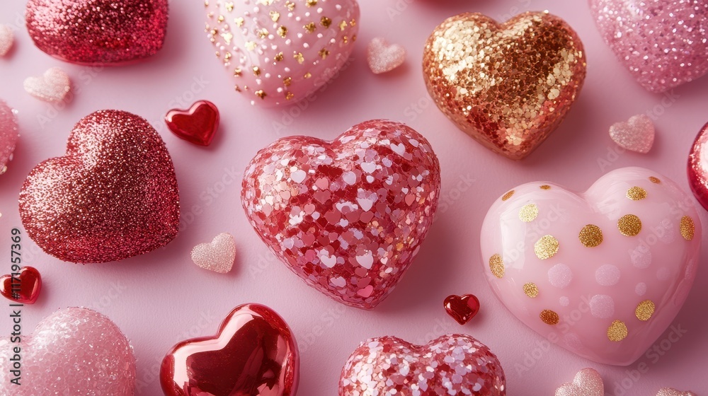 Obraz premium A delightful array of vibrant hearts sprawled across a soft pink surface, radiating love and joy, perfect for celebrating Valentine's Day.