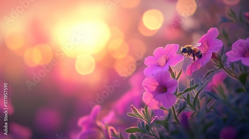 A bee pollinating pink flowers at sunset. Soft focus bokeh effect. Beautiful nature scene. photo