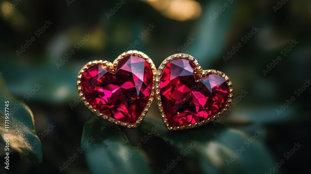 A vibrant pair of red heart-shaped earrings rests delicately atop a lush green leaf, symbolizing love and affection for Valentine's Day.