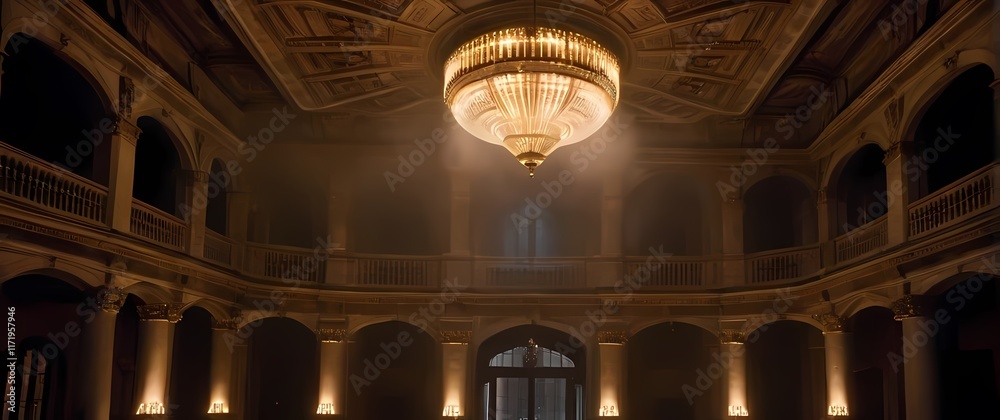Fototapeta premium Beaming ceilings in historic buildings adorned with stunning chandeliers