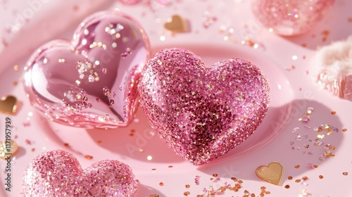 Two charming pink heart-shaped boxes rest elegantly on a delicate pink plate, radiating love and sweetness perfect for Valentine's Day celebrations.