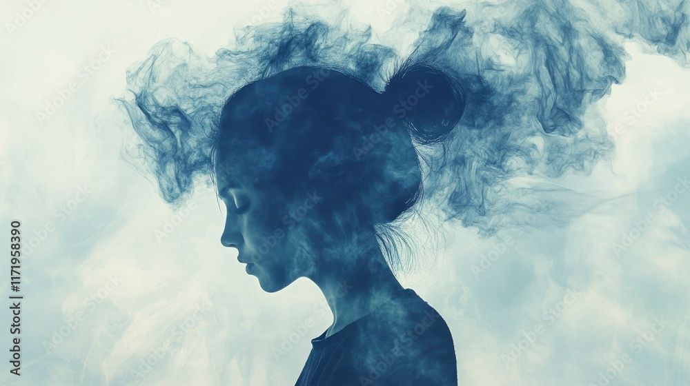 Sad Young Woman in Smoke, Blue Hues, Thoughtful Pose Sad Young Woman in Smoke, Blue Hues, Thoughtful Pose