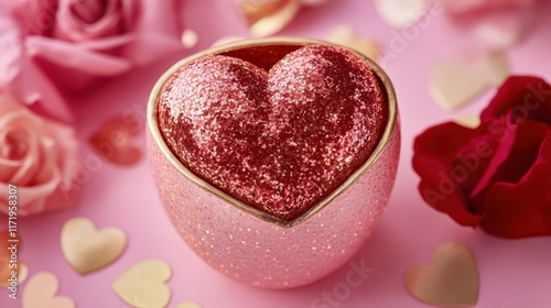 A dazzling heart-shaped box filled with shimmering pink glitter, ready to hold love's sweetest treasures this Valentine's Day.