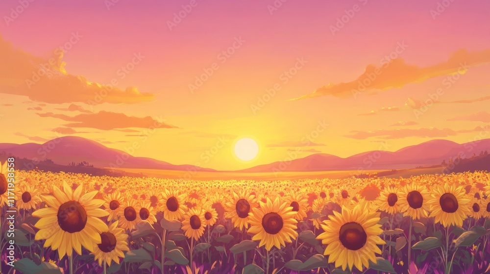 Obraz premium Sunset Sunflower Field Panorama