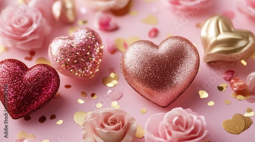 A delightful array of vibrant hearts and blooming roses sprawls across a soft pink backdrop, radiating love and romance for Valentine's Day.