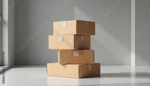 Stacked tuck end boxes in modern setting, minimalist aesthetic