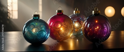 Beautifully crafted glass ornaments catching light in various colors