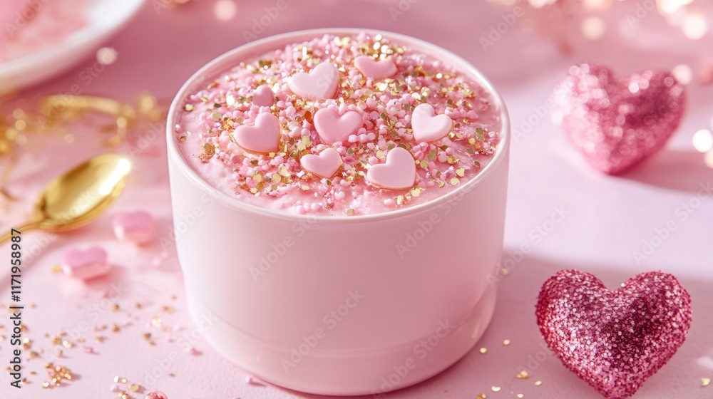 A charming cup adorned with pink and gold sprinkles, accompanied by a delightful heart-shaped spoon, perfect for celebrating love on Valentine's Day. A charming cup adorned with pink and gold sprinkles, accompanied by a delightful heart-shaped spoon, perfect for celebrating love on Valentine's Day.