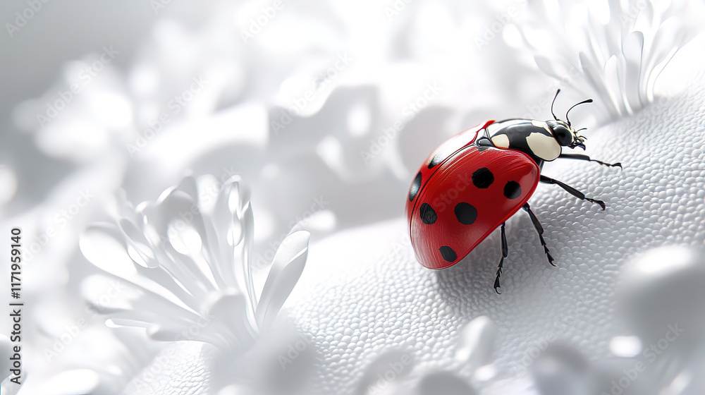 red ladybug explores pure white surface, showcasing intricate details