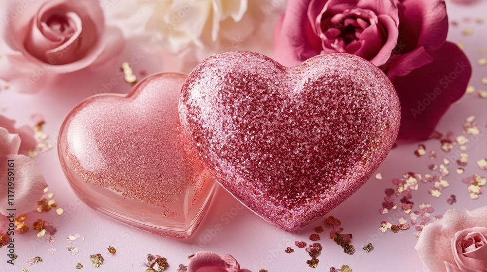 Two delightful heart-shaped soaps shimmer with pink glitter, embodying love's sweetness and charm, perfect for a romantic Valentine's Day gift. Two delightful heart-shaped soaps shimmer with pink glitter, embodying love's sweetness and charm, perfect for a romantic Valentine's Day gift.