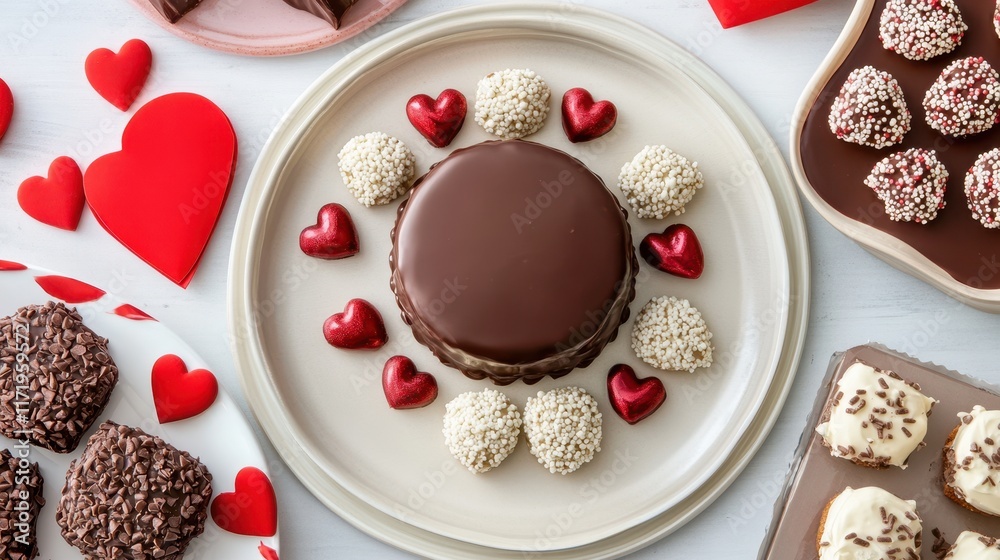 A delightful assortment of desserts adorned with heart decorations, celebrating love and sweetness on Valentine's Day. A delightful assortment of desserts adorned with heart decorations, celebrating love and sweetness on Valentine's Day.
