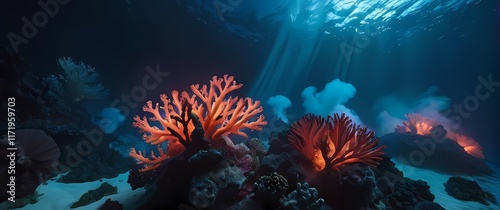 Breathtaking visuals of coral reefs interacting with vibrant volcanic activity