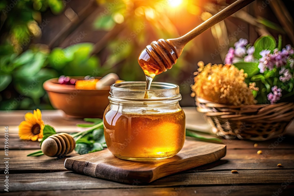 Golden honey flows from a rustic jar, a wooden spoon rests nearby, capturing the sweet treat's essence. Golden honey flows from a rustic jar, a wooden spoon rests nearby, capturing the sweet treat's essence.