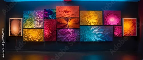 Brightly colored paper collages displayed as wall art in a creative space