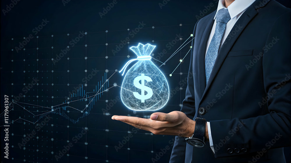 Businessman Holding Digital Money Bag with Financial Growth Graphics Businessman Holding Digital Money Bag with Financial Growth Graphics