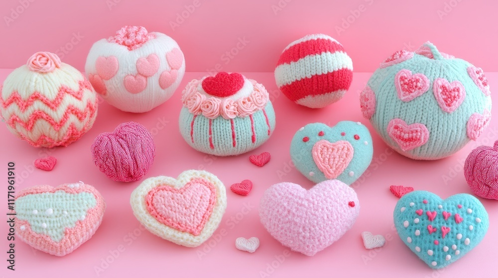 A charming array of soft, knitted hearts rests gently on a delicate pink surface, radiating warmth and love for Valentine's Day. A charming array of soft, knitted hearts rests gently on a delicate pink surface, radiating warmth and love for Valentine's Day.
