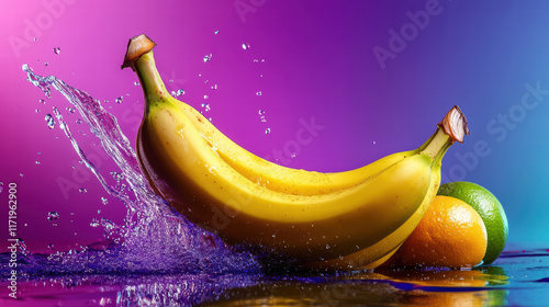 Fresh bananas with vibrant colors and splashes of water create lively scene. bright yellow fruit contrasts beautifully with oranges and limes, evoking sense of freshness and vitality