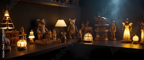 Charming handcrafted wooden toys exhibited on a display shelf